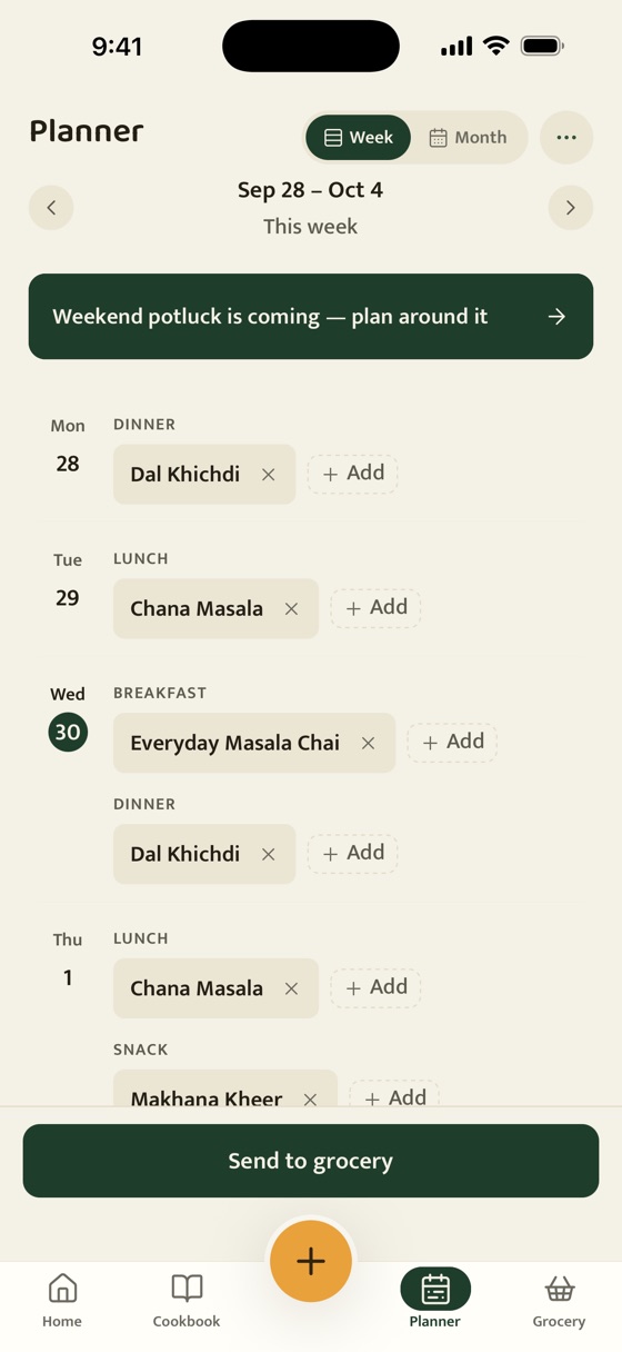 The weekly planner with breakfast, lunch and dinner slots filled from the cookbook