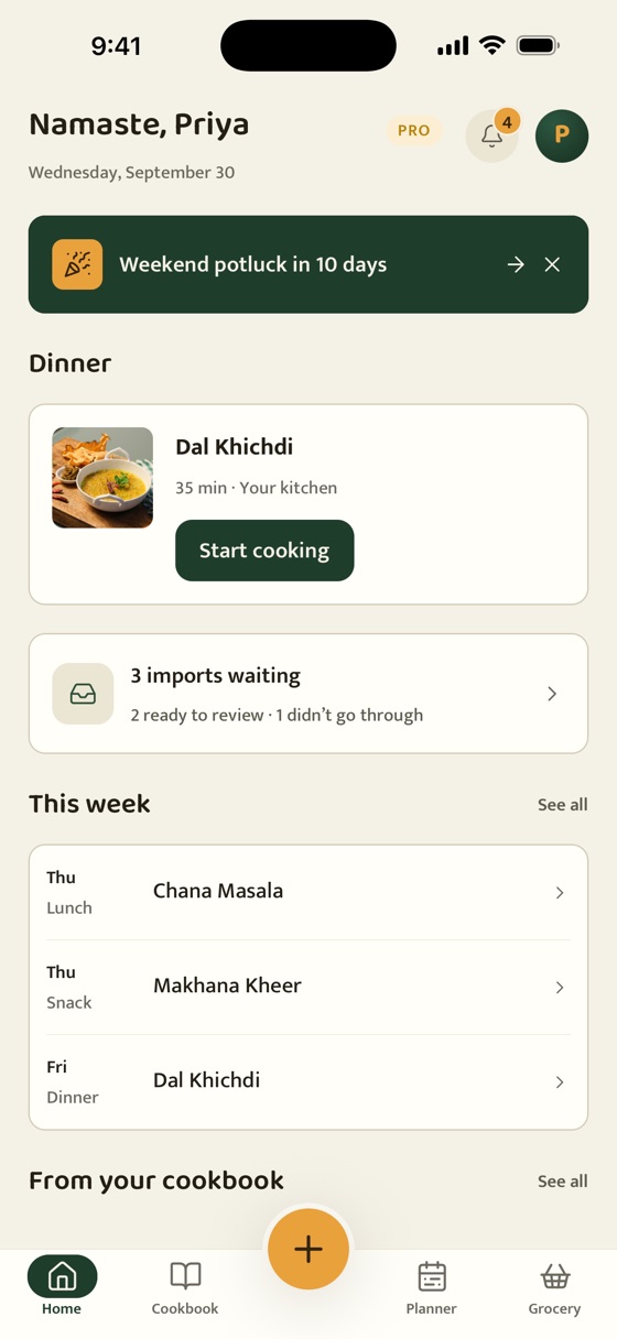 Zaika's Today screen: tonight's dal khichdi ready to start cooking, a Ganesh Chaturthi reminder, three imports waiting to be reviewed, and the next few meals planned for the week