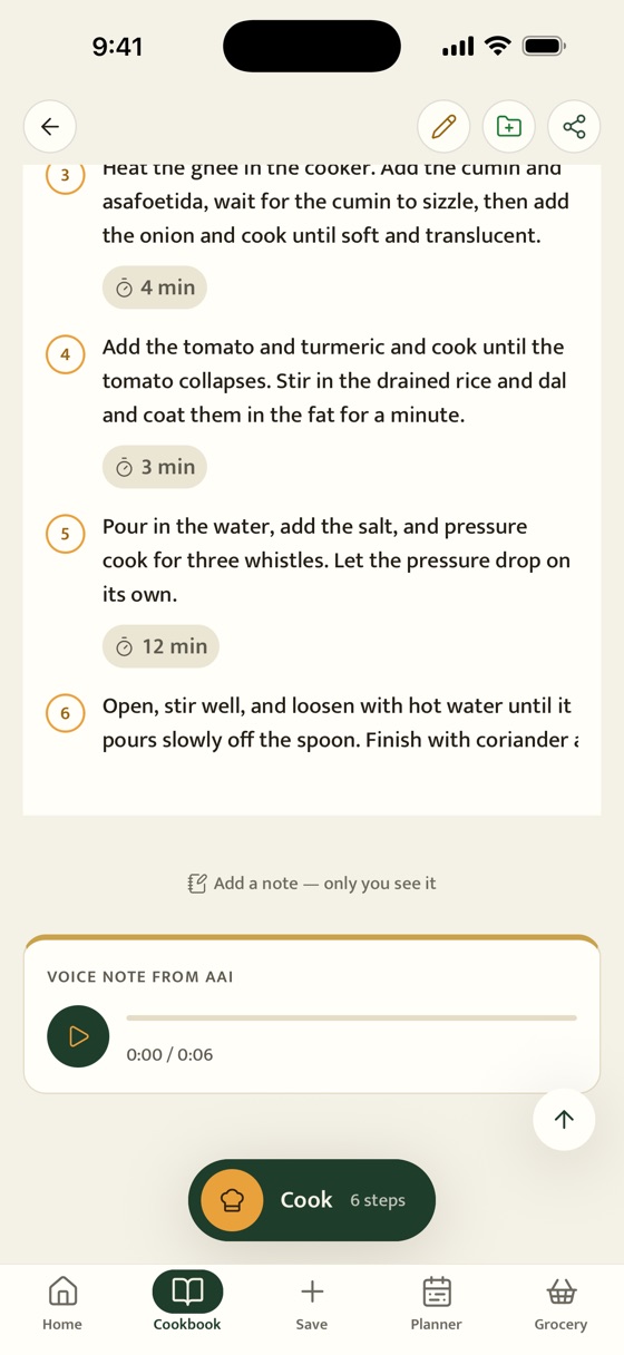 A recipe screen scrolled past the steps and nutrition to a dashed box labeled Voice note from Aai, with a play button and a six-second recording